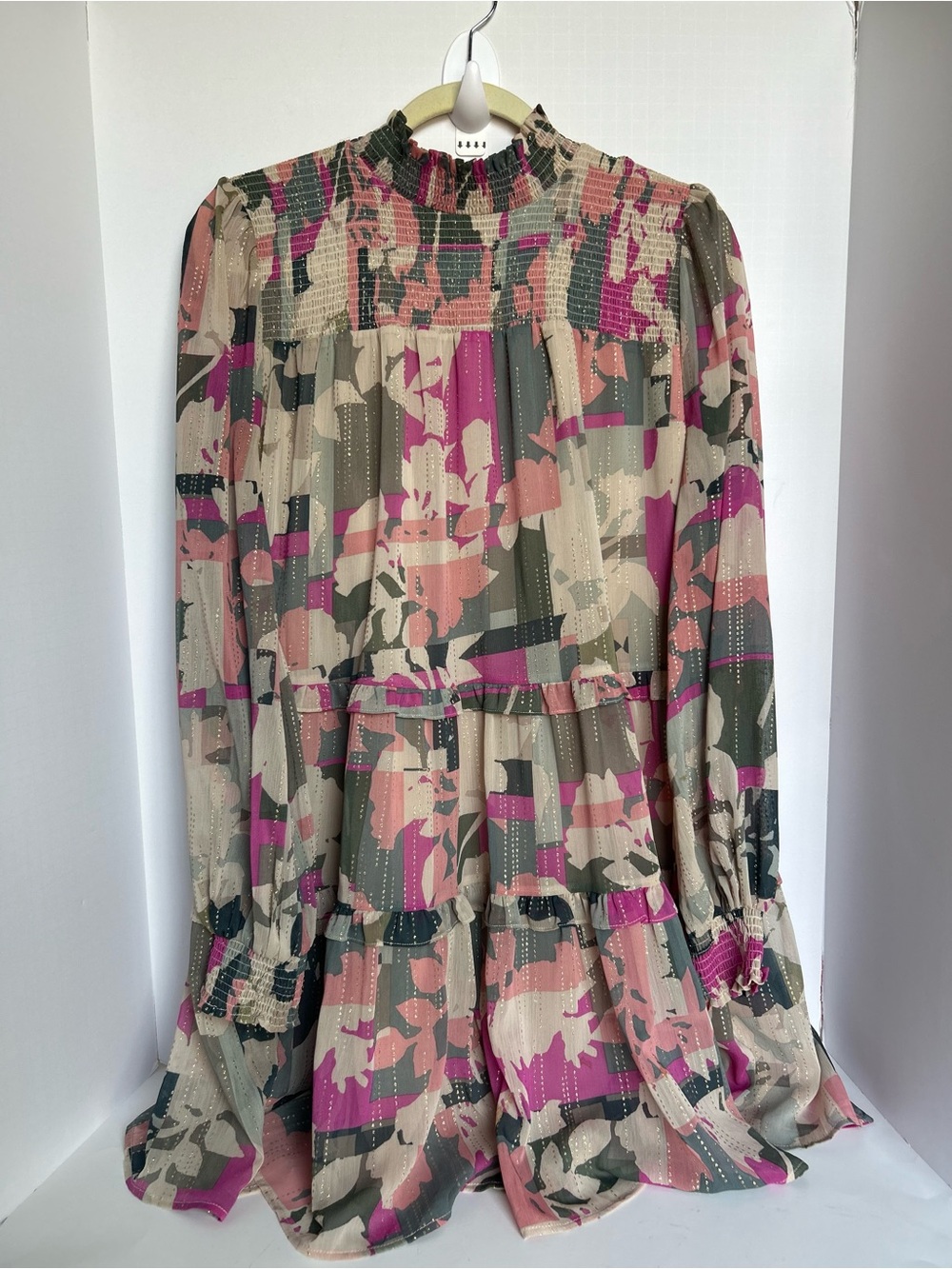 Fate Smocked Tunic with Abstract Pink, Olive & Cream Floral and Golden Stripes